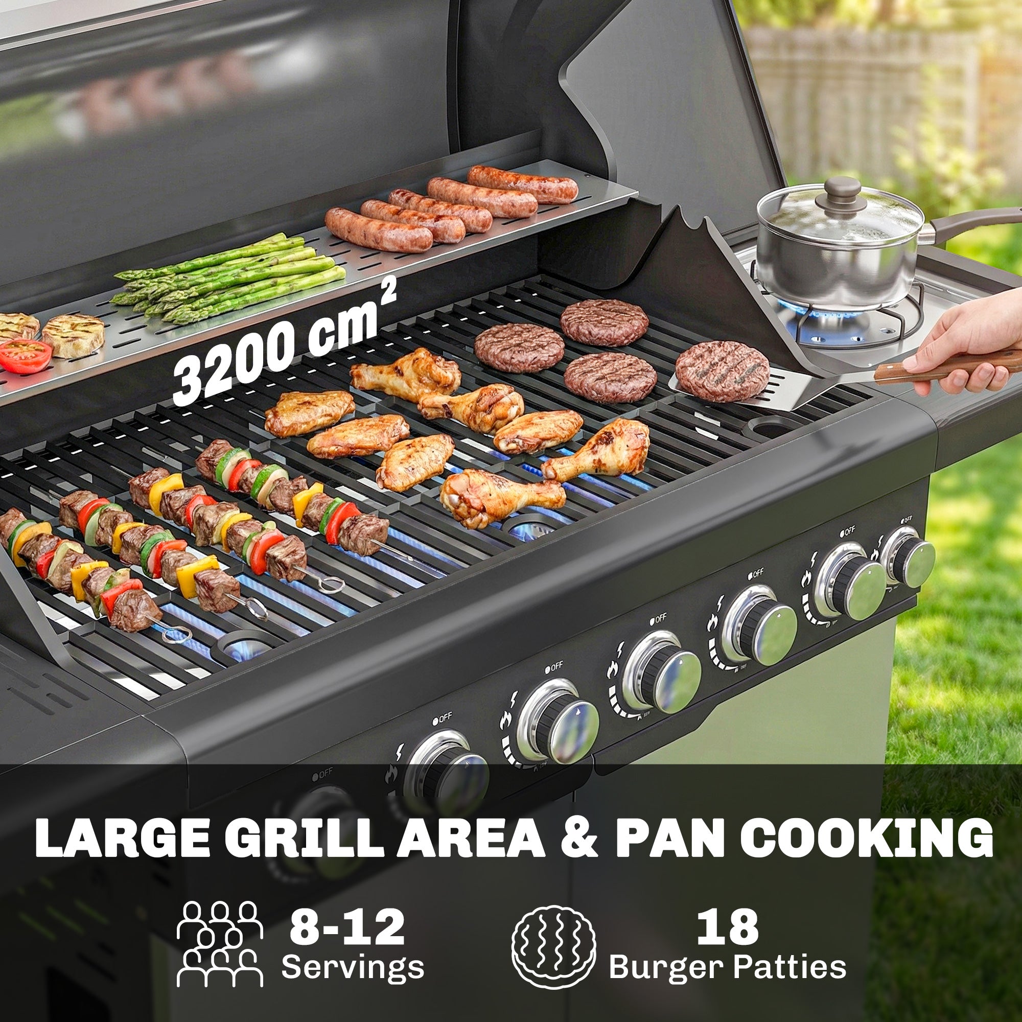 Outsunny 6+1 Burner Gas BBQ Grill, Outdoor Barbecue Trolley with Wheels, Warming Rack, Thermometer, Bottle Opener, Silver Tone 