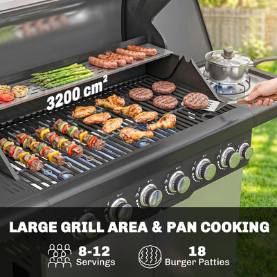 Outsunny 6+1 Burner Gas BBQ Grill, Outdoor Barbecue Trolley with Wheels, Warming Rack, Thermometer, Bottle Opener, Silver Tone 