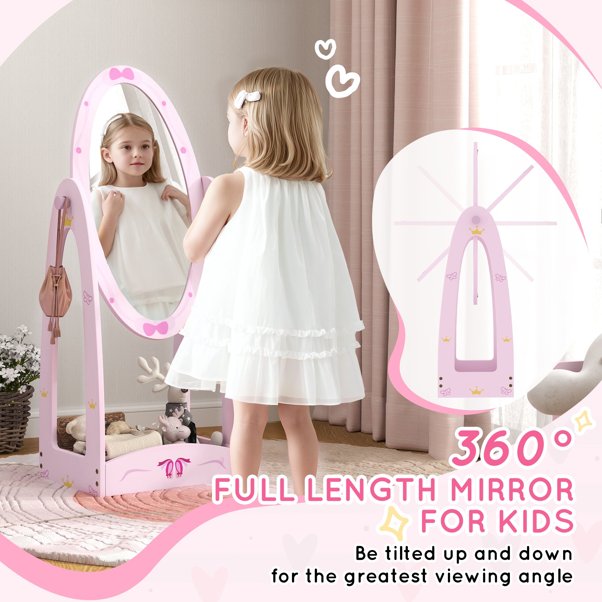 AIYAPLAY Kids Full Length Mirror, 360\'c2\'b0 Rotating Children Standing Mirror with Storage Shelf, Pink