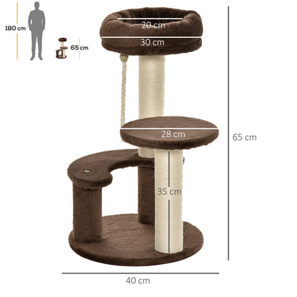 PawHut 65cm Cat Tree, Cat Tower for Kittens, Small Cat Condo with Sisal Scratching Posts, Hanging Rope, Perches - Brown 