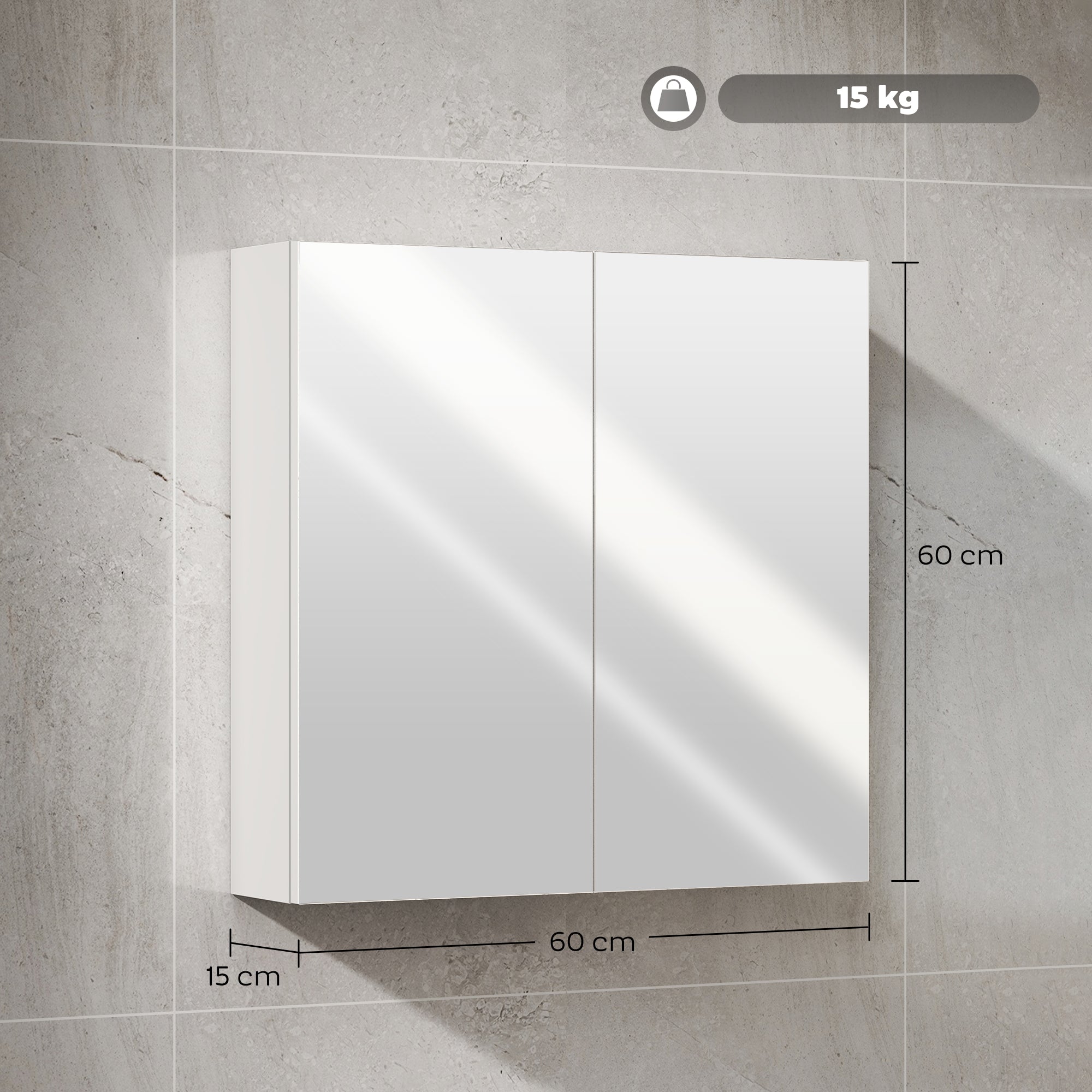HOMCOM Double Door Wall Mounted Glass Mirror Cabinet Modern Storage Unit Bathroom Shelf Organiser Waterproof Wooden Frame 60W x 15D x 60H cm