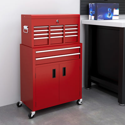 HOMCOM Portable Tool Box, Metal Tool Chest on Wheels with 6 Drawers for Garage and Workshop, Red 