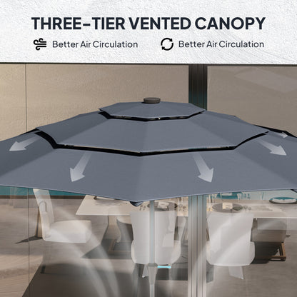 Outsunny 3-Tier Garden Parasol with Solar LED Lights, UPF 30+, Tilt Mechanism & Crank Handle, for Market Terrace, Dark Grey 