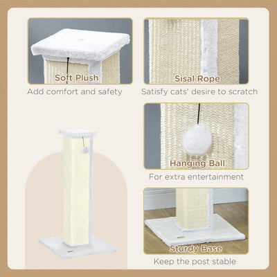 PawHut 81cm Cat Scratcher, Vertical Full Scratcher w/ Natural Sisal Rope, Hanging Ball, Soft Plush - White 