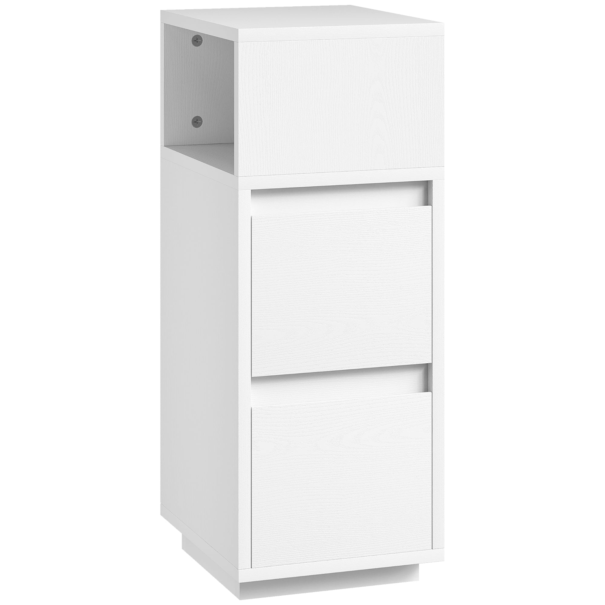 HOMCOM Slim Bedside Table, Narrow Bedside Cabinet with Open Shelf and 2 Drawers for Bedroom, Living Room, White 