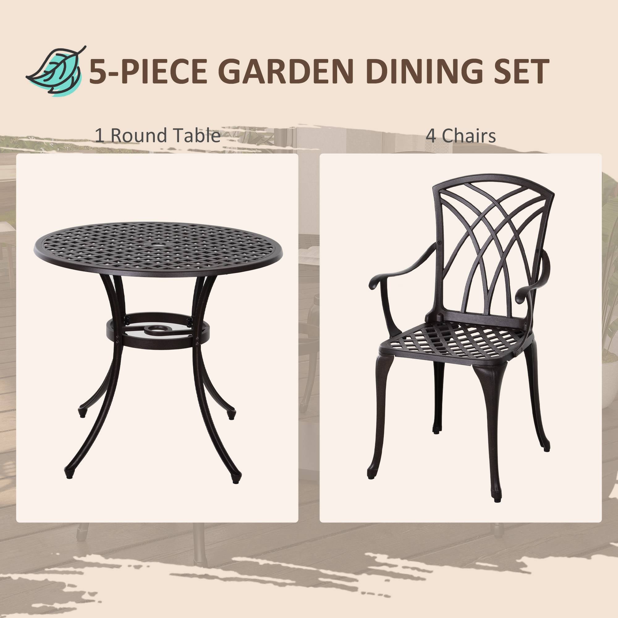 Outsunny 5 Pieces Garden Dining Set for 4, Cast Aluminium Outdoor Dining Set with 4 Armchairs and Round Dining Table with Parasol Hole, Garden Furniture Set, Brown 