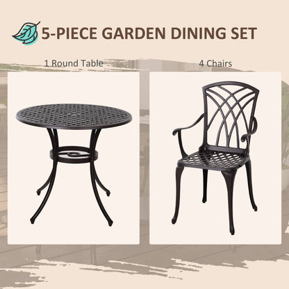 Outsunny 5 Pieces Garden Dining Set for 4, Cast Aluminium Outdoor Dining Set with 4 Armchairs and Round Dining Table with Parasol Hole, Garden Furniture Set, Brown 