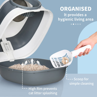 PawHut Foldable Cat Litter Tray with Lid, Deodorant, Scoop, White 