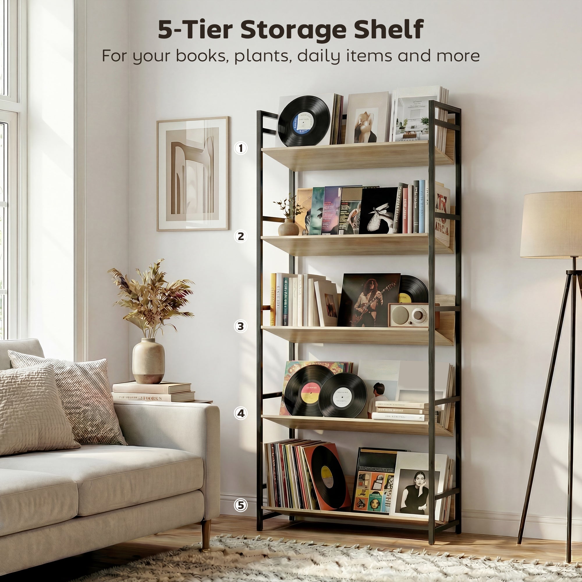 HOMCOM Bookshelf 5-Tier Metal Frame Bookcase Storage Shelves for Living Room Oak 
