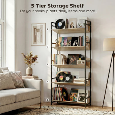 HOMCOM Bookshelf 5-Tier Metal Frame Bookcase Storage Shelves for Living Room Oak 