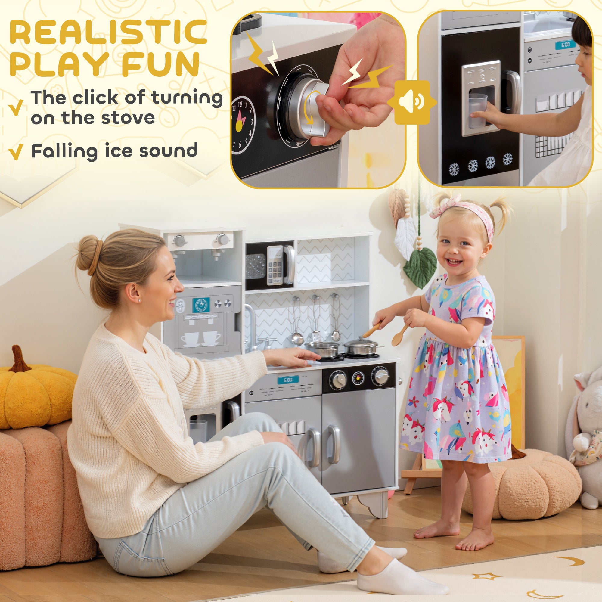 AIYAPLAY Kids Play Kitchen with Sound, Ice/Coffee Maker, Utensils, Microwave, Stainless Steel Utensils, for 3-6 Years 