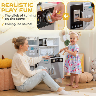 AIYAPLAY Kids Play Kitchen with Sound, Ice/Coffee Maker, Utensils, Microwave, Stainless Steel Utensils, for 3-6 Years 