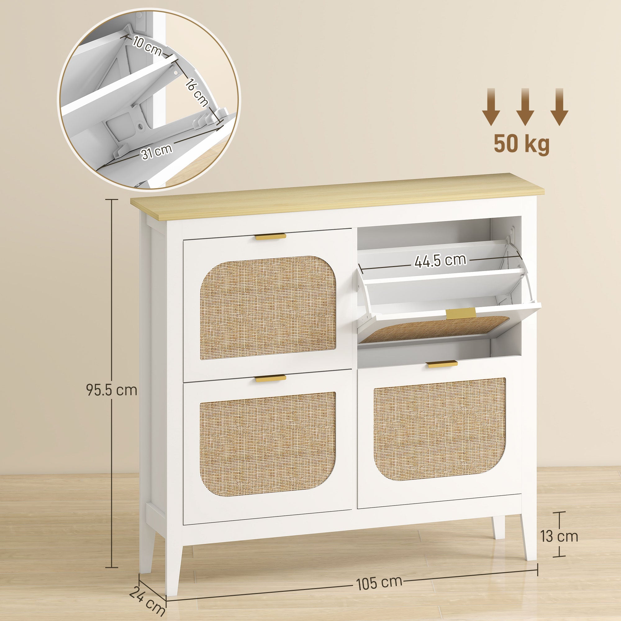 HOMCOM Narrow Shoe Cabinet, Boho Slim Shoe Storage Cabinet with 4 Flip Drawers, Holds 20 Pairs, White 