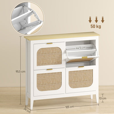 HOMCOM Narrow Shoe Cabinet, Boho Slim Shoe Storage Cabinet with 4 Flip Drawers, Holds 20 Pairs, White 