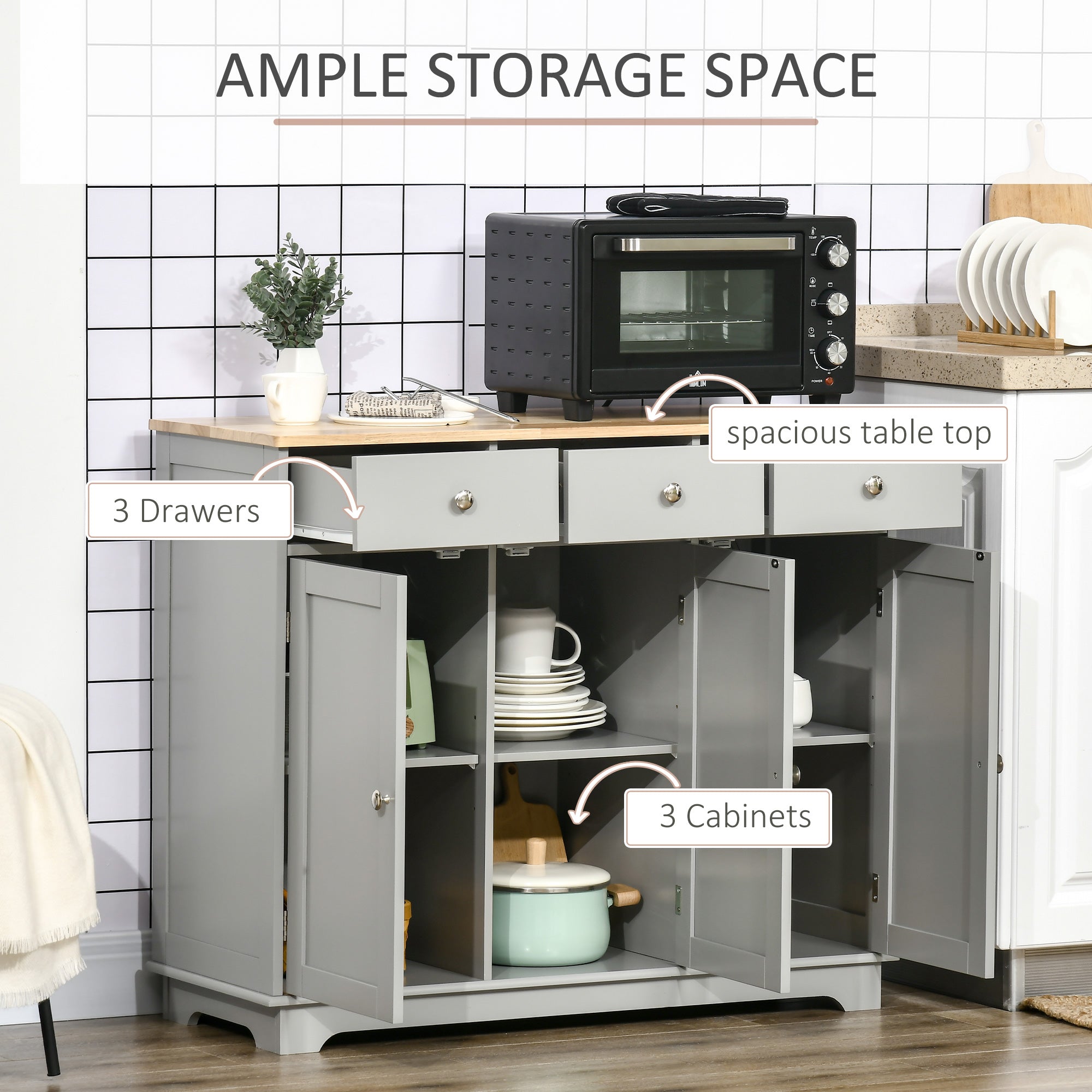 HOMCOM Sideboard with Rubberwood Top and Adjustable Shelves for Dining Room, Kitchen - Grey