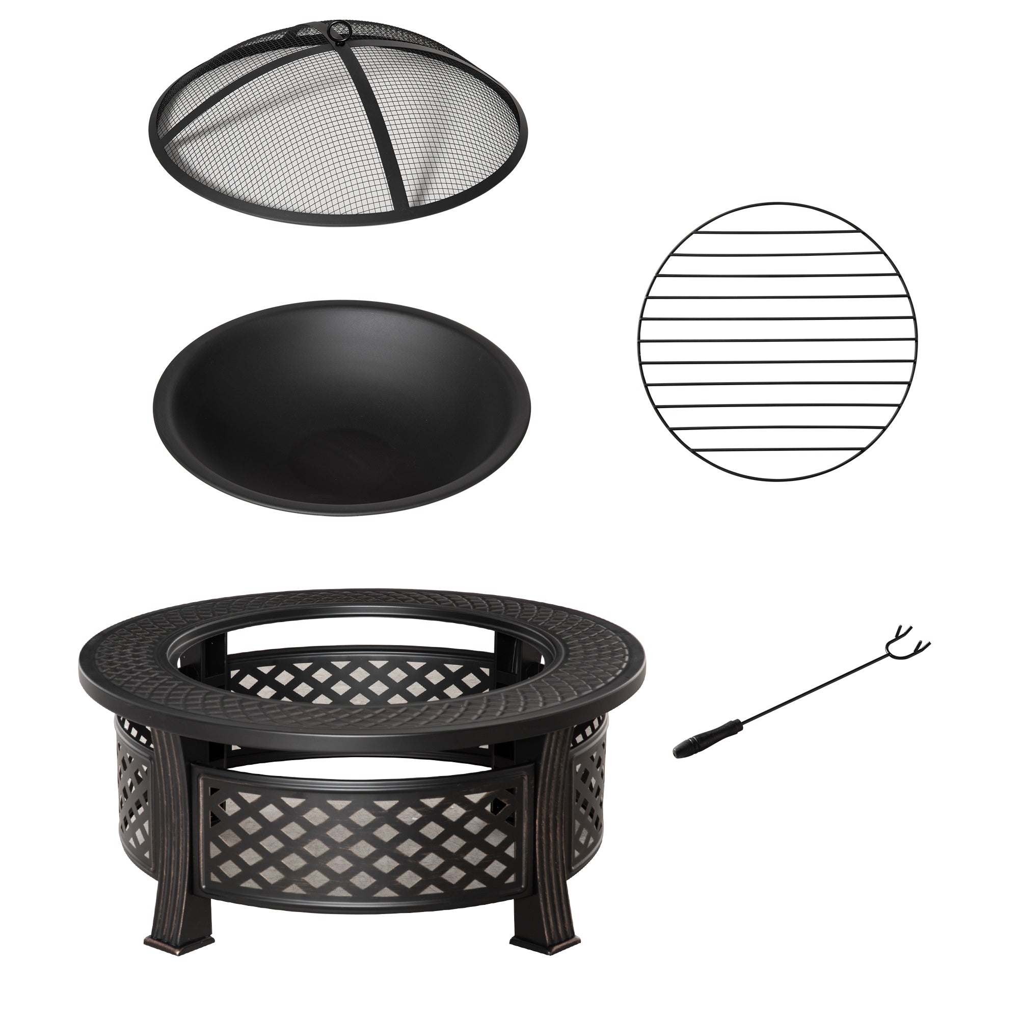 Outsunny Outdoor Fire Pit, Firepit with Grill Net, Mesh Lid, Poker, for Camping, Bonfire, Picnic, Bronze Tone 