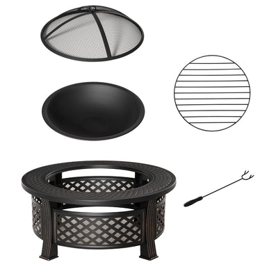 Outsunny Outdoor Fire Pit, Firepit with Grill Net, Mesh Lid, Poker, for Camping, Bonfire, Picnic, Bronze Tone 