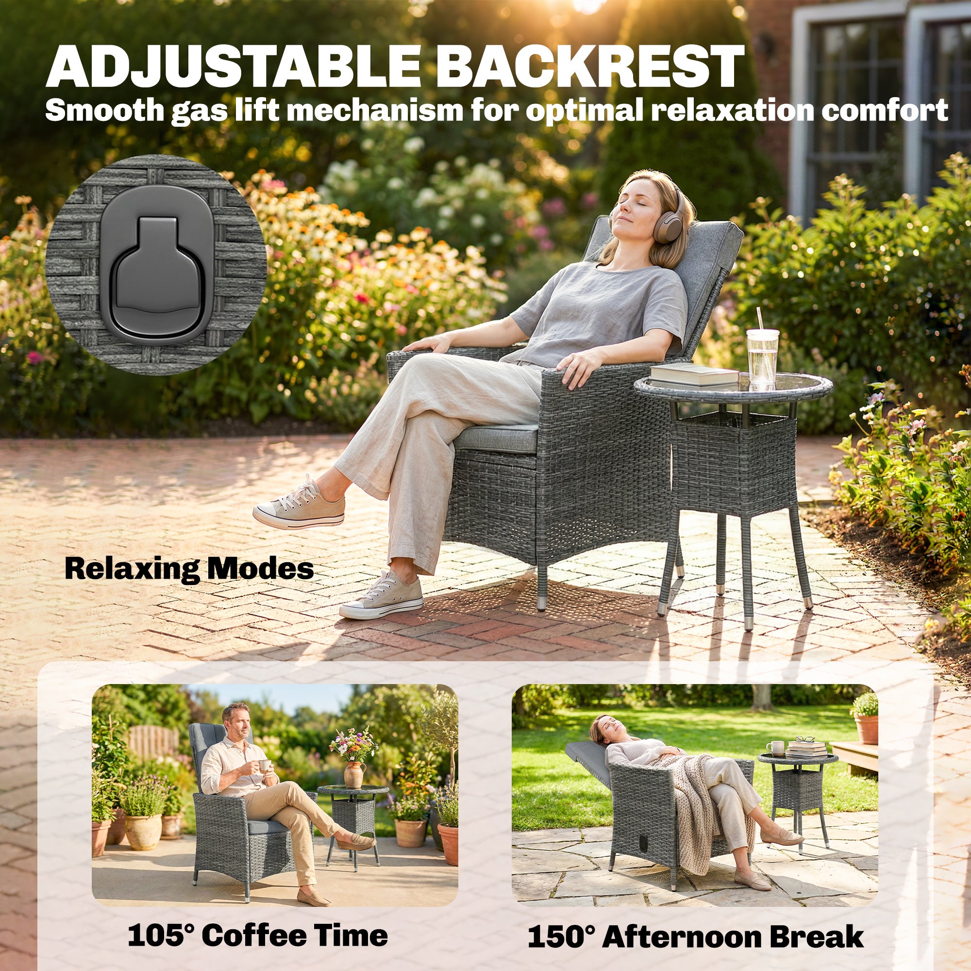 Outsunny Rattan Bistro Set, Reclining Garden Chairs and Glass Coffee Table with Cushions for Patio Balcony Porch, Grey 