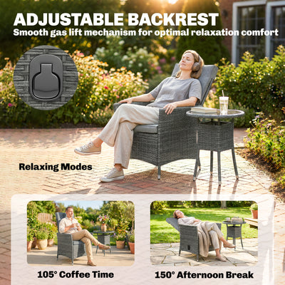 Outsunny Rattan Bistro Set, Reclining Garden Chairs and Glass Coffee Table with Cushions for Patio Balcony Porch, Grey 
