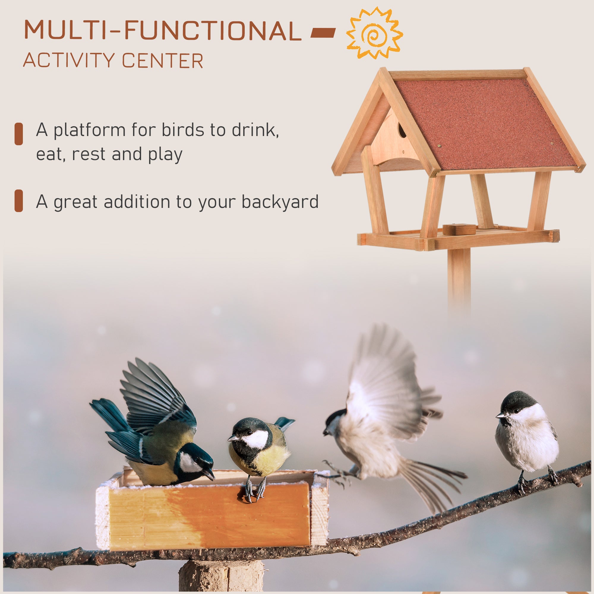 PawHut Wooden Bird Table Freestanding Feeding  Station for Garden Outside ,139H cm, Natural 