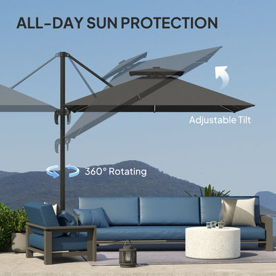 Outsunny 2.5m Cantilever Parasol with Solar Powered LED Lights, 360° Rotation, Tilt Adjustment, Crank Handle, Dark Grey 