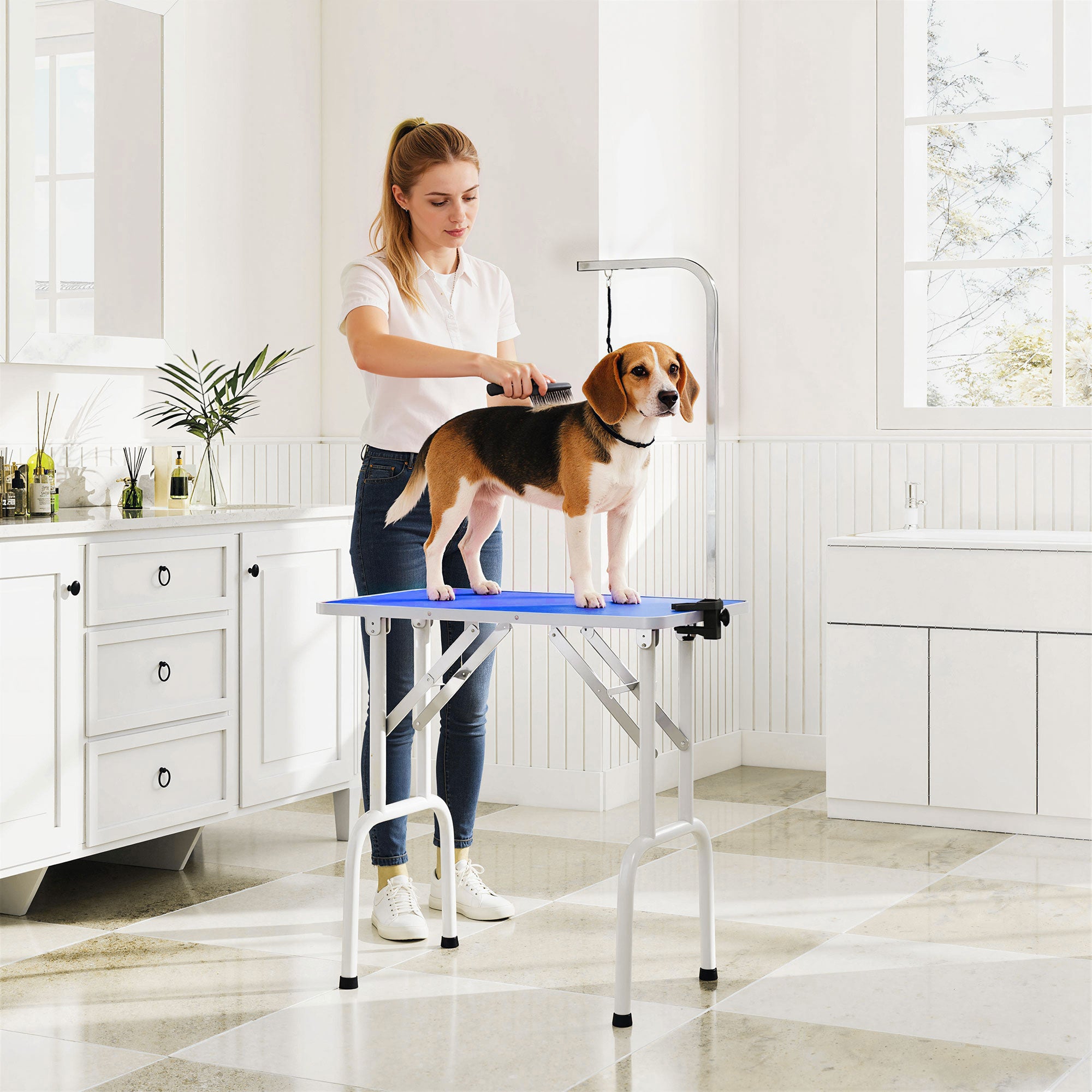 PawHut 32" Foldable Dog Grooming Table Pet Drying Beauty Table Adjustable Fixed Arm Rubber Top, Blue 