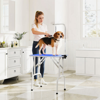 PawHut 32" Foldable Dog Grooming Table Pet Drying Beauty Table Adjustable Fixed Arm Rubber Top, Blue 