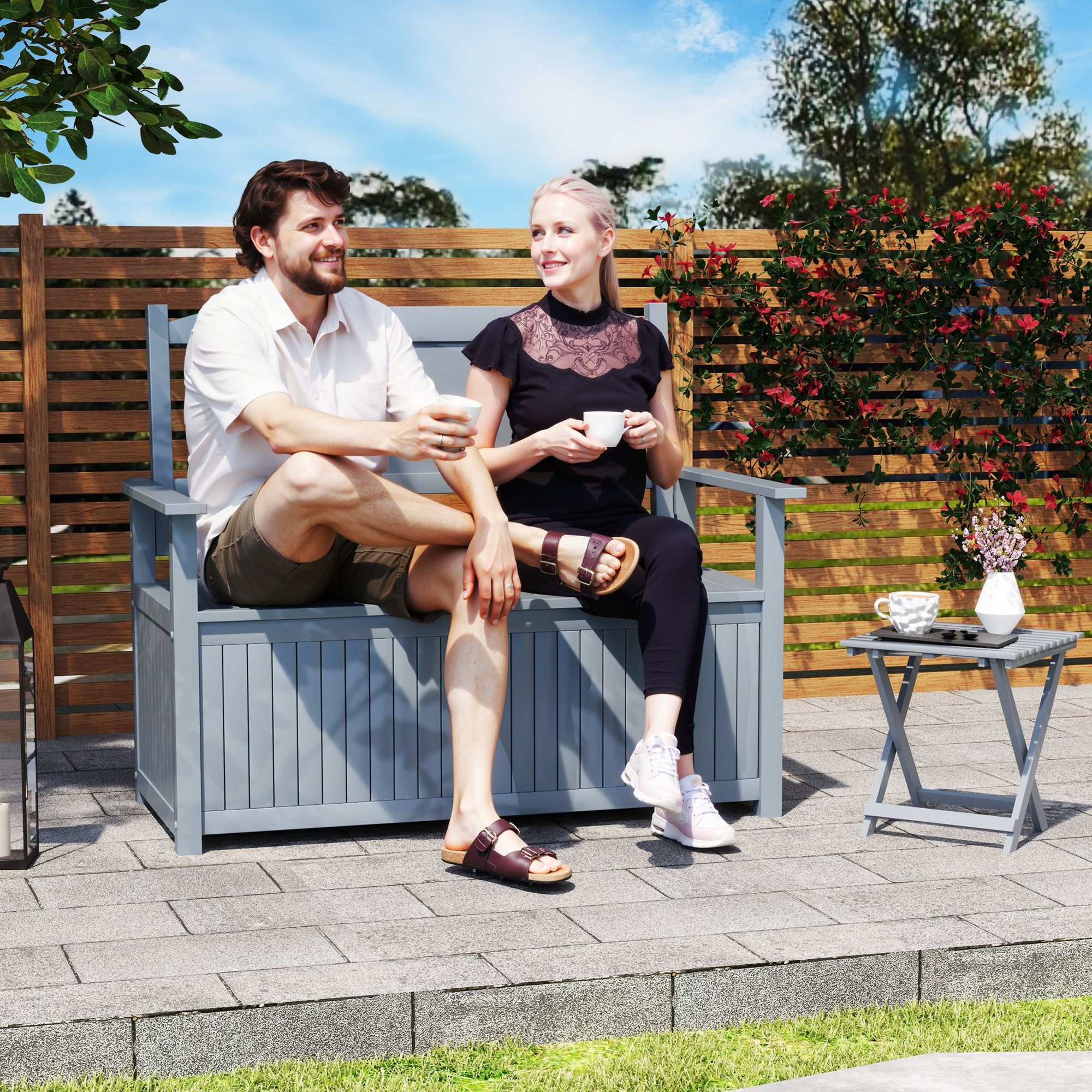Outsunny Two-Seater Wooden Storage Bench - Grey 
