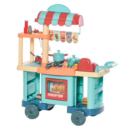 HOMCOM 50 Pcs Kids Kitchen Play set Fast Food Trolley Cart Pretend Playset Toys with Play Food Cashier Register Accessories Gift for Boys Girls Age 3-6 