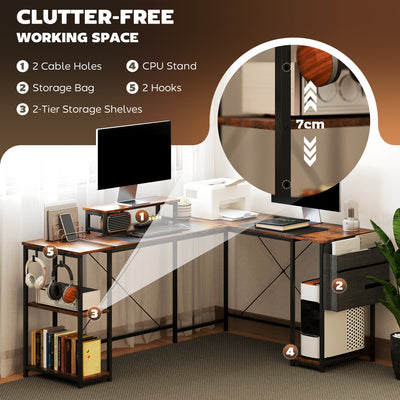HOMCOM 168cm Reversible L Shaped Desk, Industrial Corner Computer Desk with Adjustable Shelf and Storage Bag, 240cm 2 Person Desk with Monitor Stand, Rustic Brown 