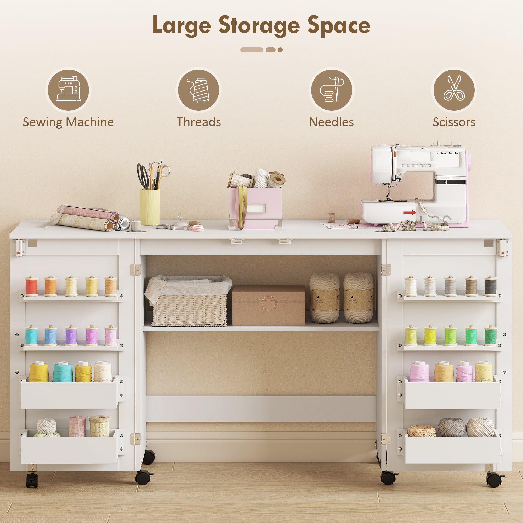 HOMCOM Folding Sewing Table with 2 Magnetic Doors, Storage Shelf, Lockable Wheels, Space Saving, White 