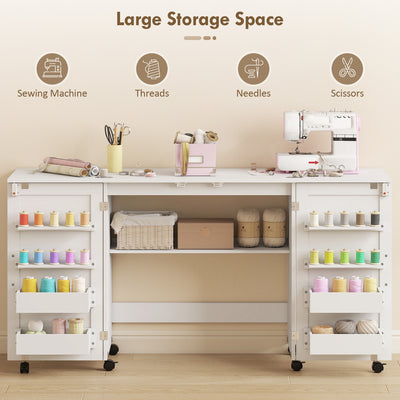 HOMCOM Folding Sewing Table with 2 Magnetic Doors, Storage Shelf, Lockable Wheels, Space Saving, White 