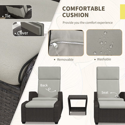 Outsunny 5-Piece Rattan Patio Reclining Chair Set with Footstools, Coffee Table, Cushions, for Outdoor Garden, Brown 