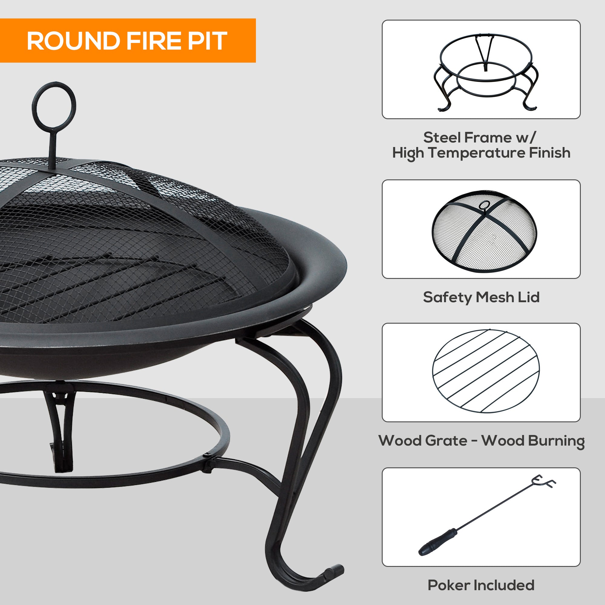 Outsunny Metal Firepit Bowl Outdoor Round Fire Pit w/ Lid, Log Grate, Poker for Backyard, Camping, BBQ, Bonfire, Wood Burning Stove, 56 x 56 x 45cm, Black 