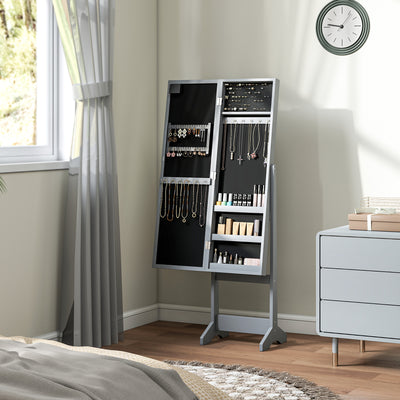 HOMCOM Free Standing Mirror Jewelry Cabinet with LED Lights, Jewellery Organiser with 3 Angle Adjustable, Full-Length Mirror with Storage for Earrings, Necklaces, Rings and Lipsticks, Grey 