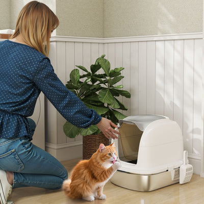 PawHut Stainless Steel Cat Litter Box with Lid, for Cats, Enclosed Cat Litter Box with Flip Cover, Scoop 