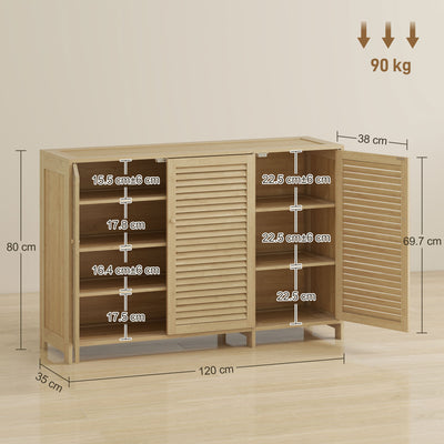 HOMCOM Bamboo Shoe Cabinet with Louvered Doors, 18 Pairs Shoe Storage Cabinet with Adjustable Shelves for Hallway, Natural 