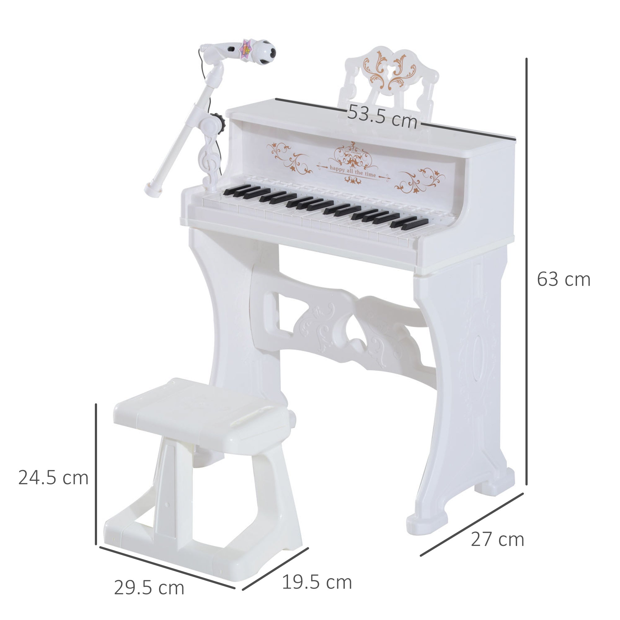 HOMCOM 37 Keys Kids Piano Mini Electronic Keyboard Light Kids Musical Instrument Educational Game Children Grand Piano Toy Set w/Stool & Microphone & Music Stand (White) 