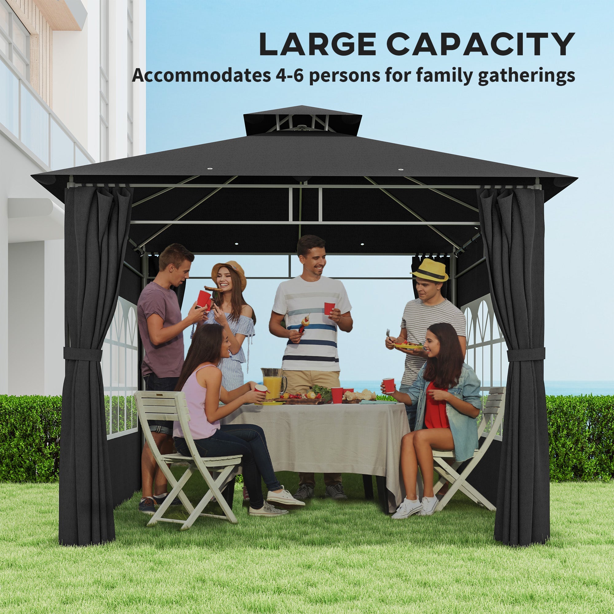 Outsunny 3 x 3 m Garden Gazebo, Double Roof Metal Gazebo with Removable Sidewalls and Church Windows, Outdoor Canopy Shelter, Black 