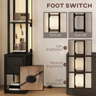 HOMCOM Floor Lamp with Shelves, LED Column Modern Standing Lamp with Fabric Drawer, Adjustable Brightness, Foot Switch for Living Room, Bedroom, Office, Black 