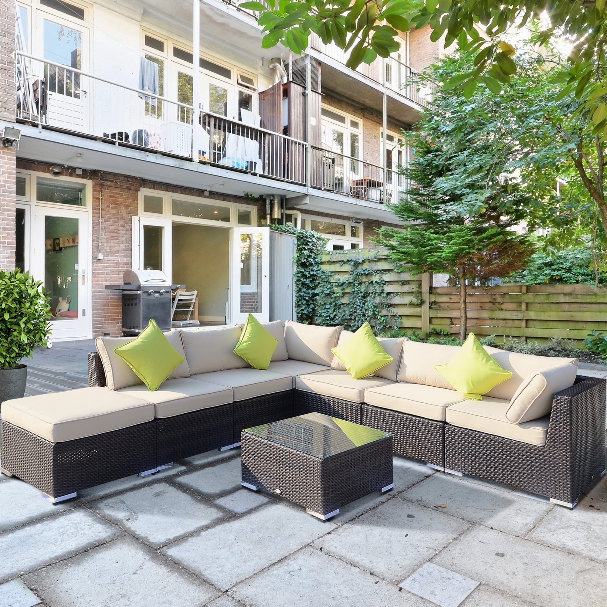 Outsunny 8 Pieces PE Rattan Corner Sofa Set with Thick Cushions, Aluminium Outdoor Rattan Garden Furniture Set with Glass Top Table, No Assembly Required, Mixed Brown 