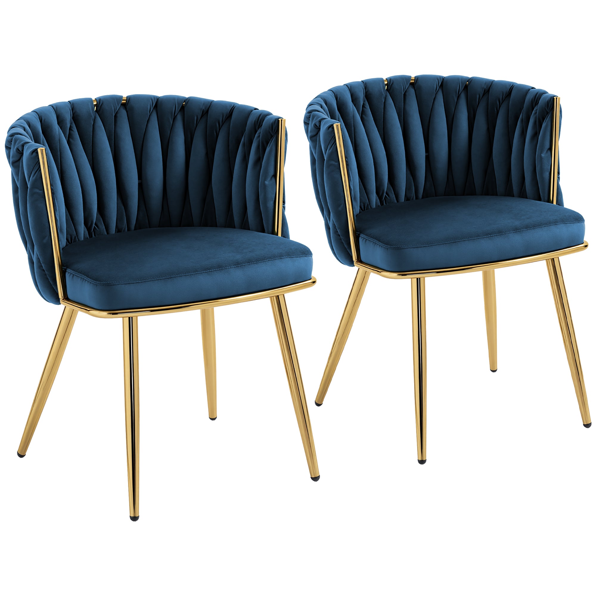 HOMCOM Velvet-Feel Dining Chairs Set of 2, Modern Upholstered Armchair with Knot Design and Golden Metal Legs, Accent Chair for Dining Room, Bedroom, Kitchen, Living Room, Dark Blue 