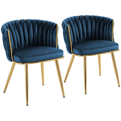 HOMCOM Velvet-Feel Dining Chairs Set of 2, Modern Upholstered Armchair with Knot Design and Golden Metal Legs, Accent Chair for Dining Room, Bedroom, Kitchen, Living Room, Dark Blue 
