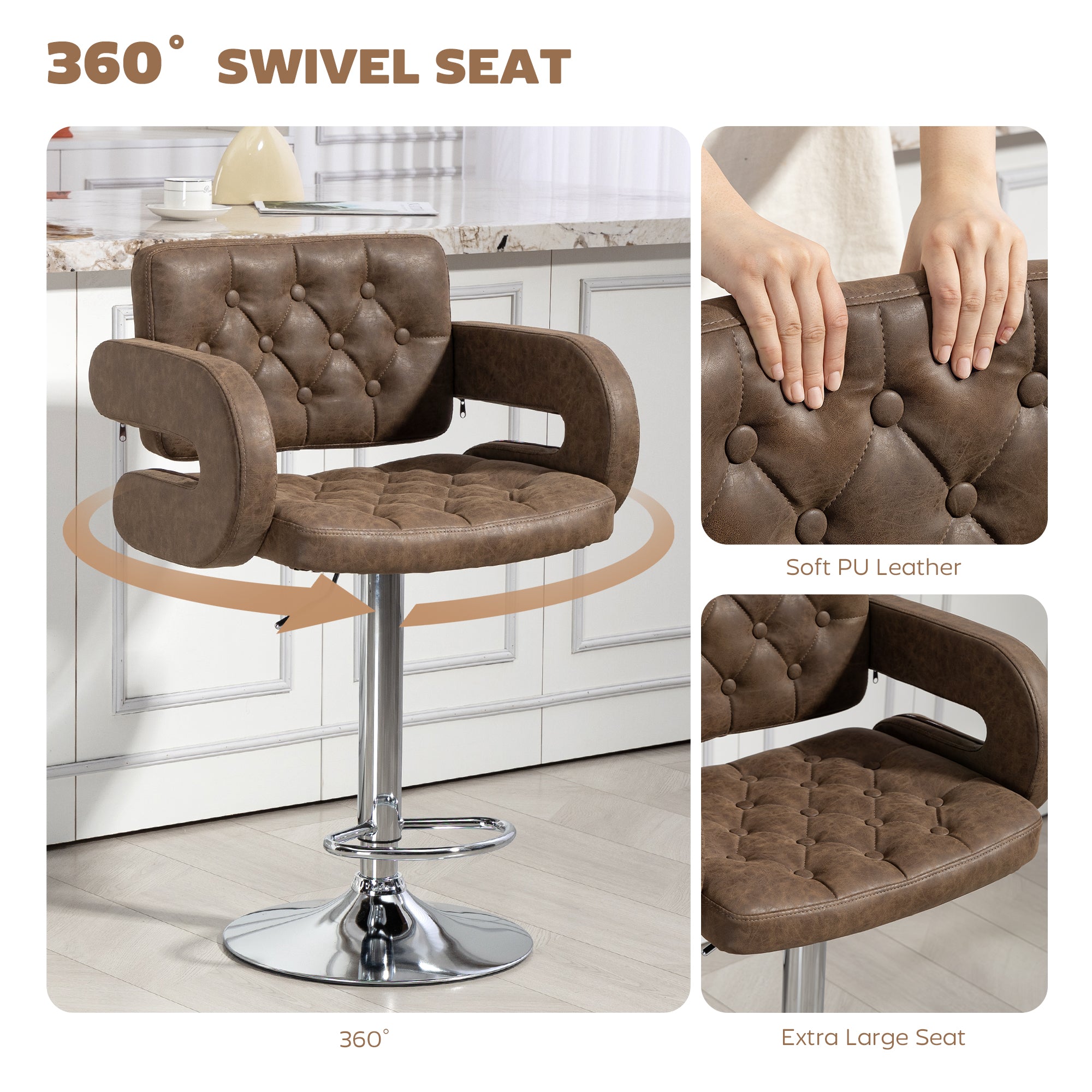 HOMCOM PU Leather Upholstered Swivel Bar Stool, Height Adjustable with Back, Armrest, Footrest, Coffee 