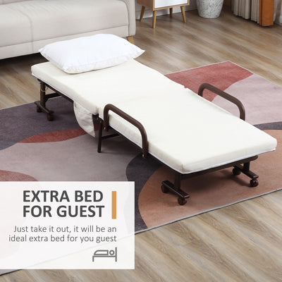 HOMCOM Folding Bed with Mattress, Single Guest Bed, Portable Fold Bed with Adjustable Backrest, Metal Frame on Wheels, White, 190 x 76 cm 