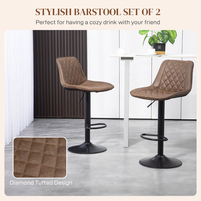 HOMCOM Bar Stools Set of 2, Retro Adjustable Kitchen Stool, Swivel PU Leather Upholstered Bar Chairs with Back, Footrest and Steel Base, Brown 