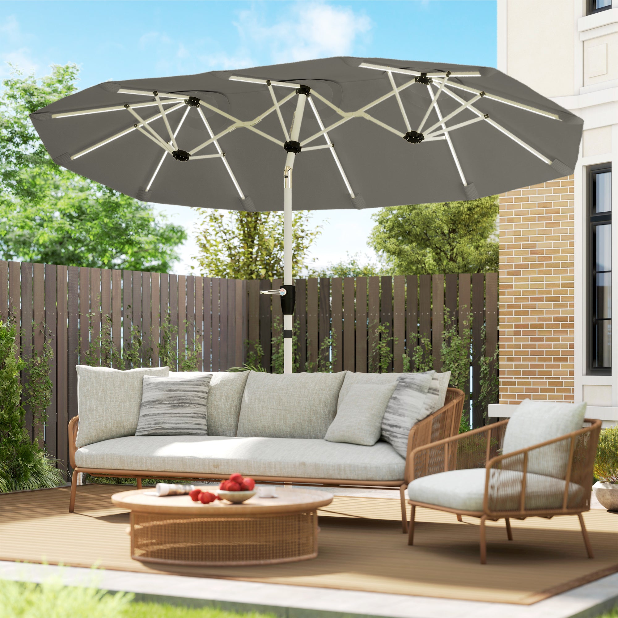 Outsunny 3 m Double-Sided Garden Parasol with LED Solar Lights, Outdoor Extra Large Sun Umbrella with Crank Handle, Grey 