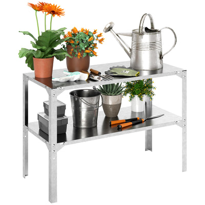 Outsunny 2 Tier Potting Bench Table, Galvanised Steel Garden Planting Work Bench Workstation with Storage Shelf for Outdoor, Patio, Greenhouse, 110 x 50 x 75 cm, Silver Tone 