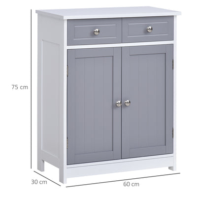 kleankin 75x60cm Freestanding Bathroom Storage Cabinet Unit w/ 2 Drawers Cupboard Adjustable Shelf Metal Handles Traditional Style Grey White 