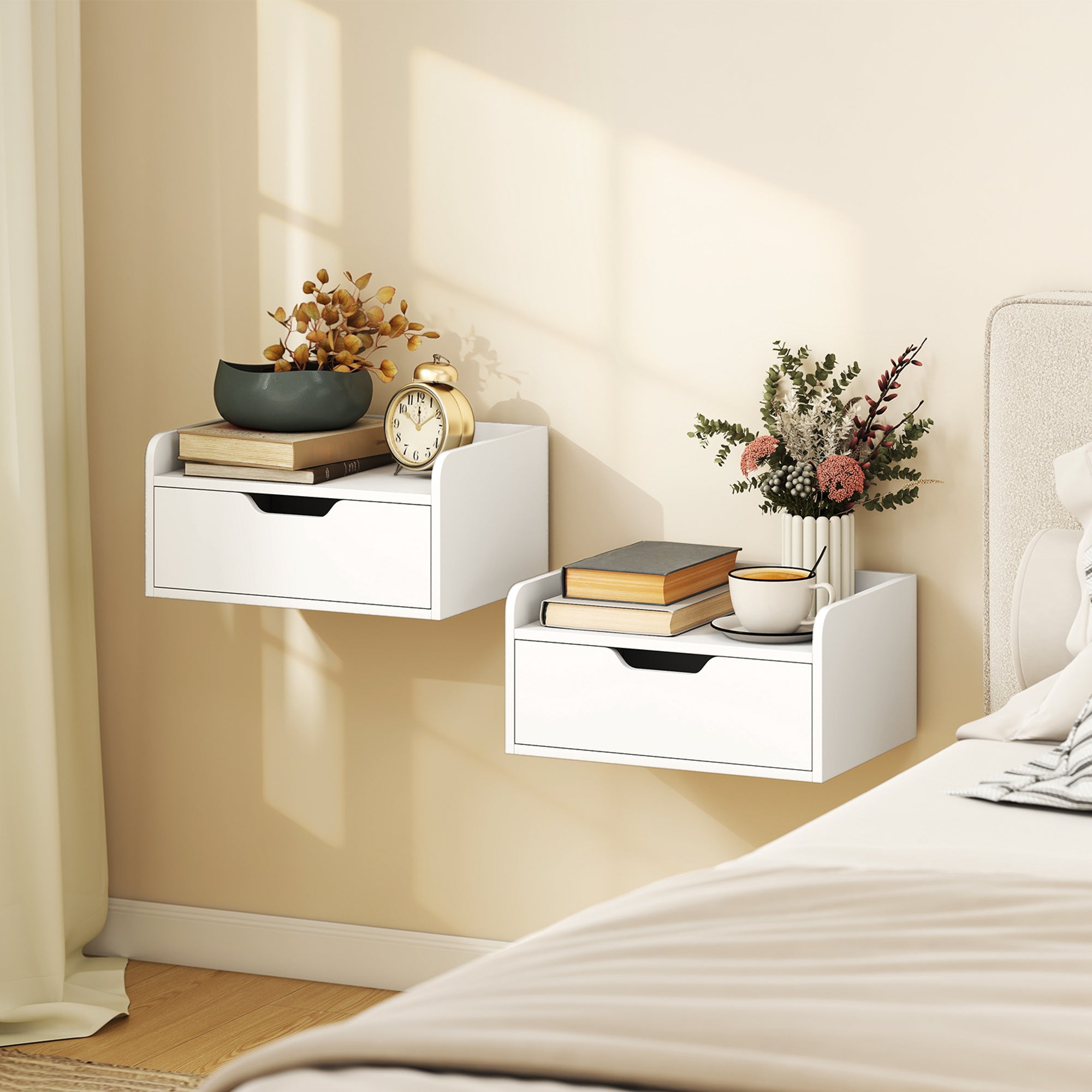 HOMCOM Floating Nightstands Set of 2, Wall Mounted Bedside Table with Drawer for Bedroom, White 